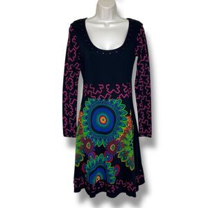 Desigual Fit and Flare Long Sleeve Floral Scoop Neck Colorful Dress Women XL